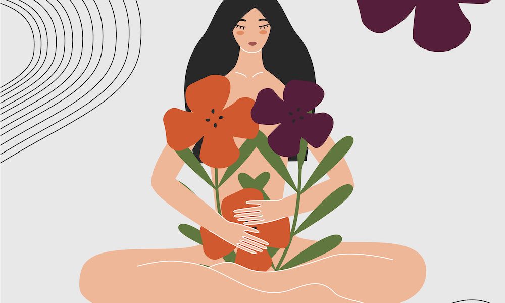 Woman health and gynecology concept. Wild and natural female beauty. Beautiful pregnant naked asian girl holding bouquet of flowers. Idea of fertility, body positivity. Flat vector illustration The future of fertility is green