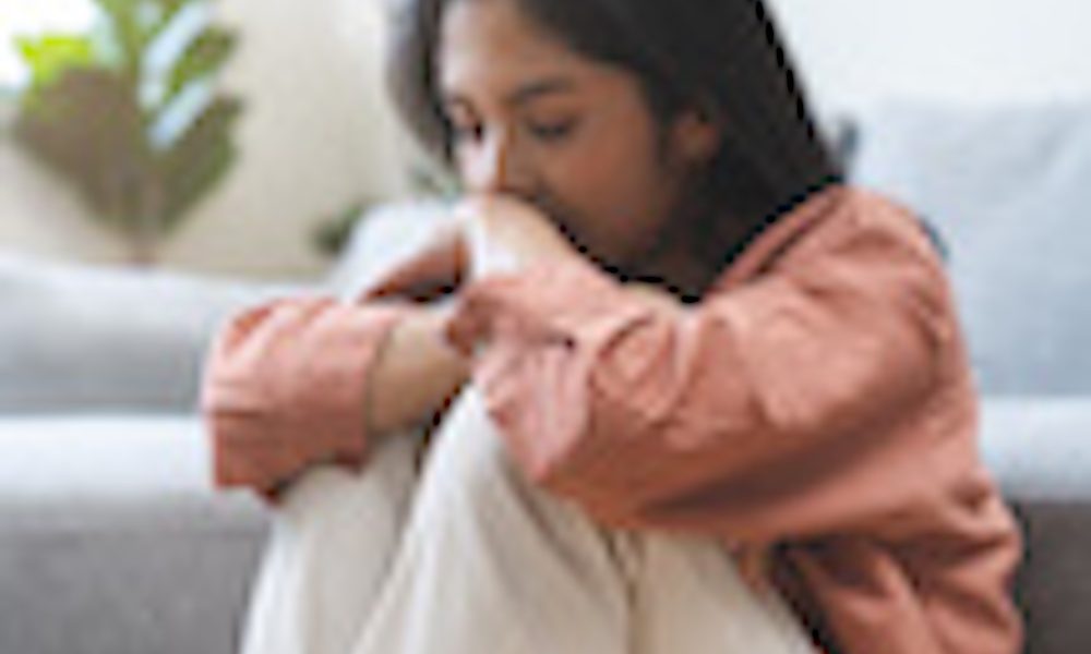 Sad, unhappy. Alone asian young woman, girl expression face thinking about problem, difficulty, feeling failure and exhausted, suffering from loneliness, grief sorrow and bad relationship or break up. Study finds concerning decline in mental health among US mothers