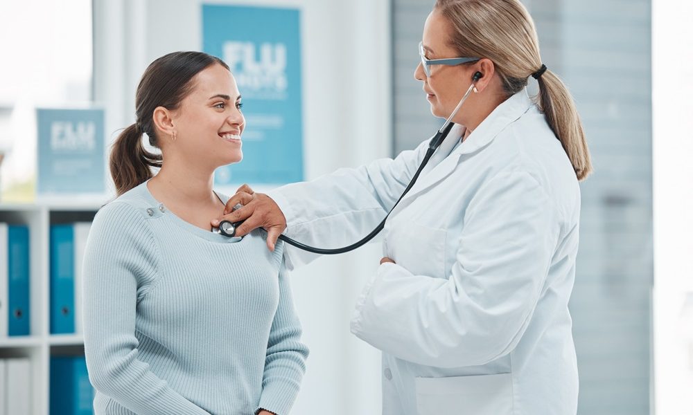 healthcare-doctor-exam-with-woman-patient-consultation-with-stethoscope-hospital-medicine-health-wellness-cardiology-surgeon-medical-test-with-female-person-clinic-building PMOS could increase heart disease risk, study finds